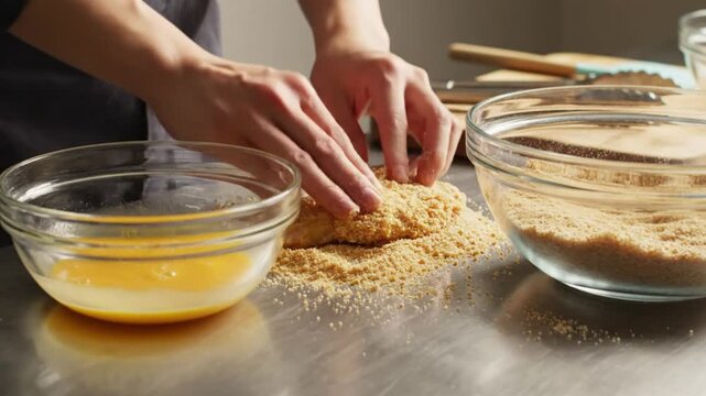Chef carefully breading chicken breast cutlet in a kitchen for cooking a delicious meal preparation