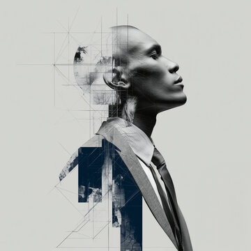 A man in a suit and tie is the main subject of the image. The man is wearing a tie and is looking up at the camera. The image has a modern and sophisticated feel to it, with the man dressed in a suit