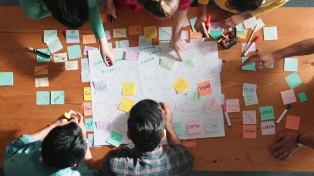 Top view of project manager writing and sticking stick notes. Aerial view of professional business people working together planning strategy while drafting mind mapping at meeting room. Symposium.