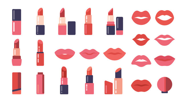 Cosmetic Sticker Collection, vibrant pink and red lipsticks with glossy lip prints, beauty and fashion vector illustration