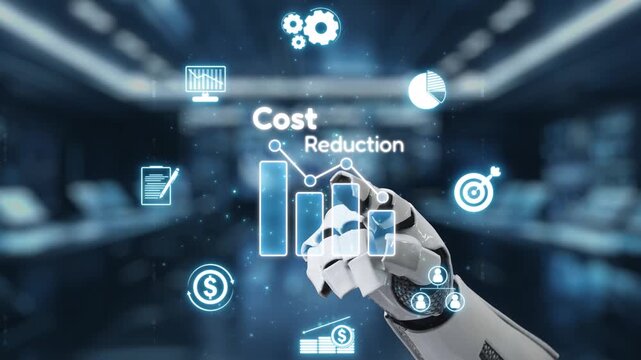 A robotic hand interacts with digital graphs and icons, illustrating cost reduction in a business setting. This video symbolizes innovation and efficiency in modern finance. Auvana