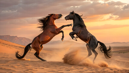 Two majestic horses rearing up in a dramatic desert duel at sunset