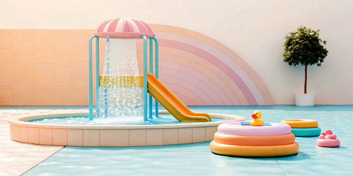 Brightly colored pool with waterslide and inflatable toys on a sunny day