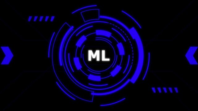 Machine Learning AI Technology Concept with Glowing Blue Neon Circles and ML Text.