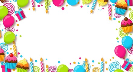 Colorful border frame with cupcakes, balloons, and candles on white background, perfect for birthday celebration