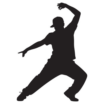 Person performing dynamic arm movement pose silhouette against clear background