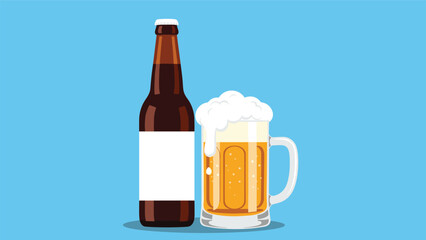Brown beer bottle with a blank label stands next to a glass mug filled with frothy beer against a solid blue background.