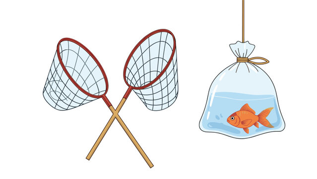 Single orange goldfish in a water-filled plastic bag is positioned next to two crossed fishing nets used at Japanese festivals.
