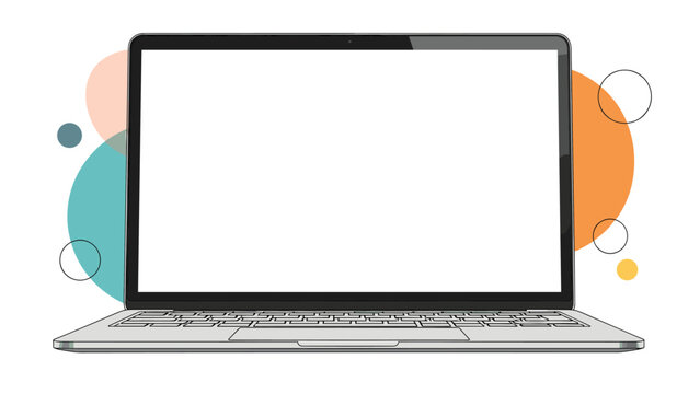 Modern silver laptop computer with a blank white screen is set against a background of soft colorful abstract shapes.