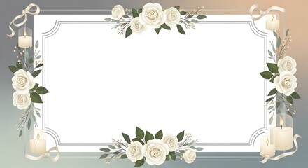 Elegant white rose frame with candles and ribbons, an ornate wedding invitation or greeting card design, soft pastel background, serene ambiance, top-down view