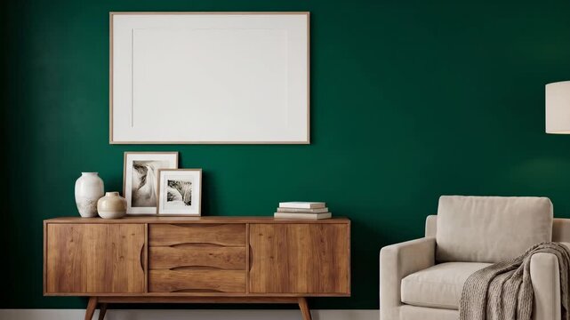 Modern living room with dark green wall and wooden sideboard.
