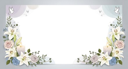 A serene floral border with lilies, roses, candles, and doves on a gray background for a peaceful design anomali microstock 18022026 0499