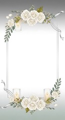 Elegant floral frame with white roses, candles, and ribbons, perfect for wedding or event invitations, anomali microstock inspiration