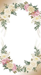 Elegant floral border with white and pink roses, green leaves on beige background for wedding or celebration card