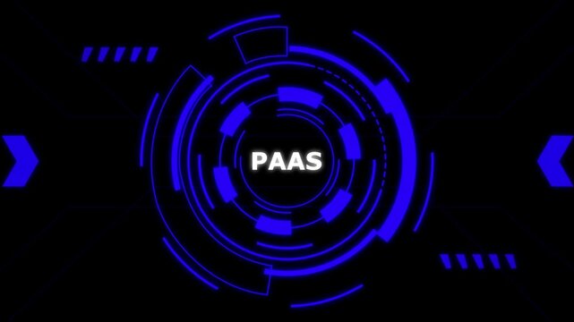 PAAS technology concept with glowing blue digital rings on black futuristic background.