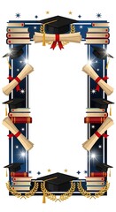 Graduation frame decorated with books, scrolls, and stars, symbolizing academic achievement and success in education