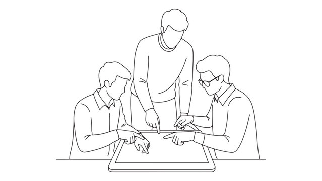 Cross-Functional Team Strategizing Around Table with Product Mockup for Collaborative Planning, Design Review and Strategic Roadmap Vector Illustration
