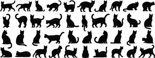 Cat silhouette vector illustration, feline posture, sitting cat, walking cat, stretching cat, lying cat, black outline, animal design, stock artwork © It's Sumi Here