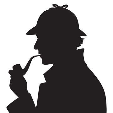 Silhouette of a person in a deerstalker hat holding and smoking a pipe isolated on transparent background
