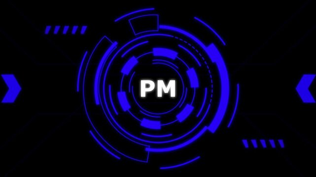 Blue neon PM logo abstract motion blur futuristic digital background design.
