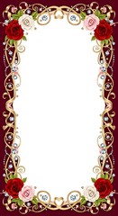 Ornate floral frame with roses and gems on maroon background for design