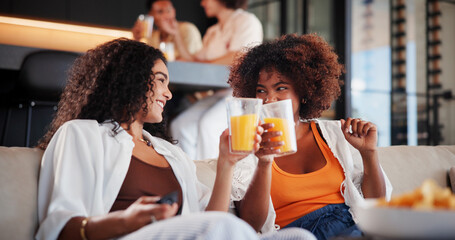 People, tv and cheers with juice at house for watching movies, reunion and bonding together. Smile,...