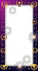 Celebratory border with stars, fireworks, and trophies on purple background, anomali microstock illustration
