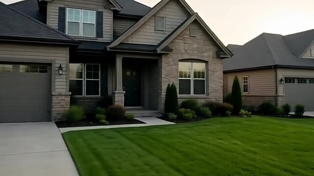 Modern suburban home with stone facade at sunrise