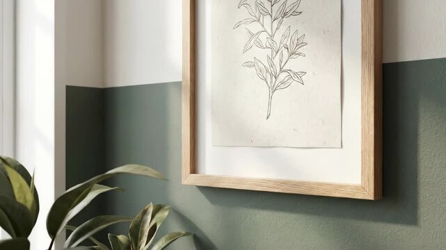 Botanical artwork framed on a wall with a plant and window.
