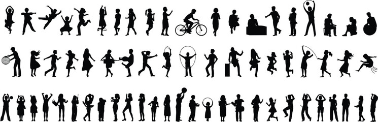Children activity silhouette vector illustration, kids playing, jumping, dancing, cycling, hula hoop, skipping rope, sports motion, fun design, stock art © It's Sumi Here