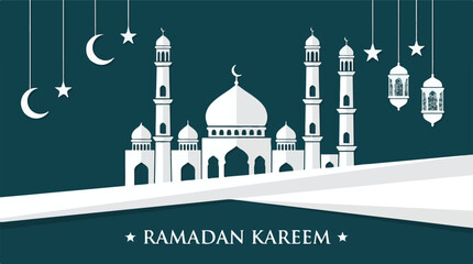 Ramadan Kareem greeting with minimalist mosque, crescent moons, and stars © StockStudio
