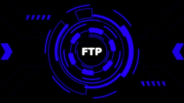 FTP Server Technology Concept with Glowing Blue Network Circles and Data Transfer Motion.