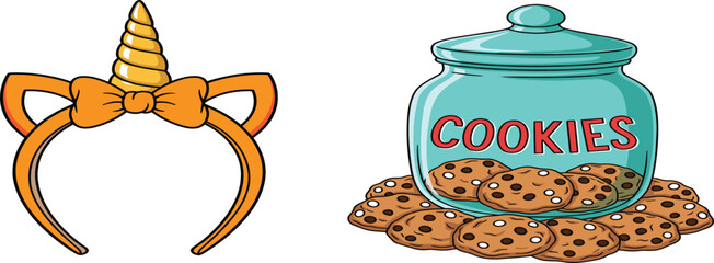 Cute Unicorn Headband and Cookie Jar Illustration Set Featuring Sweet Desserts, Fantasy Accessories, Kids Party Decor, and Playful Cartoon Style © Jahangir