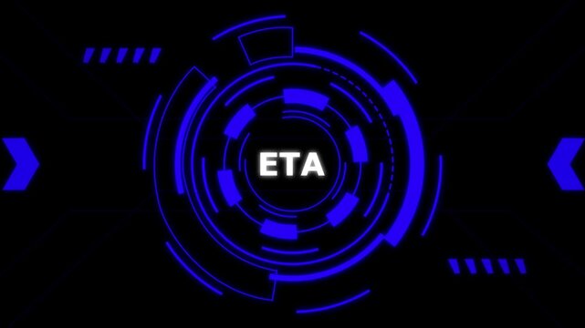 Estimated Time of Arrival ETA futuristic countdown neon blue glow digital clock abstract motion background.