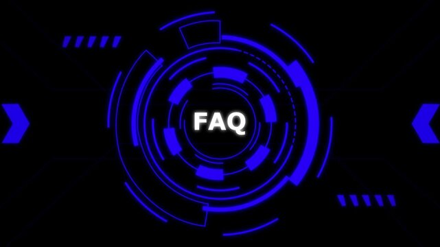 FAQ icon glowing neon blue circle design on black background for business and technology.