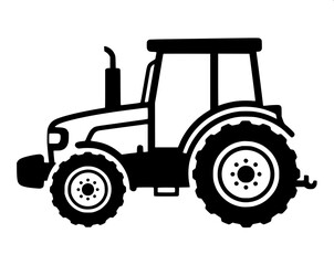 Obraz premium Minimal monochrome tractor icon with large rear wheel and small front wheel, farmer sitting, flat vector design