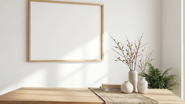Empty wooden frame on white wall above table with vase and plant.