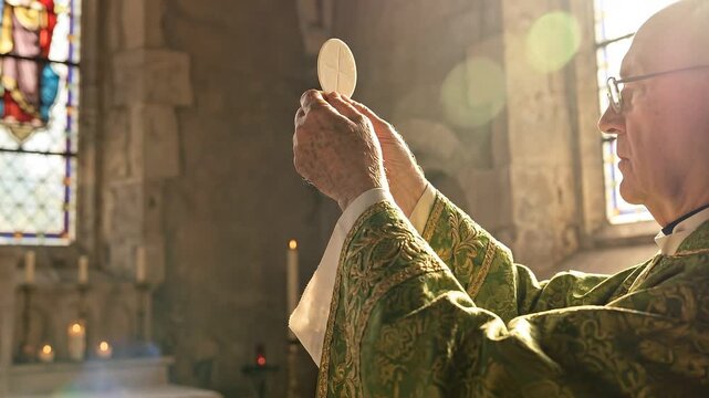Catholic Priest Elevating Eucharist Host at Mass