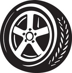Obraz premium Stylized black and white graphic illustration of a performance car wheel and tire design clearly featuring tread.