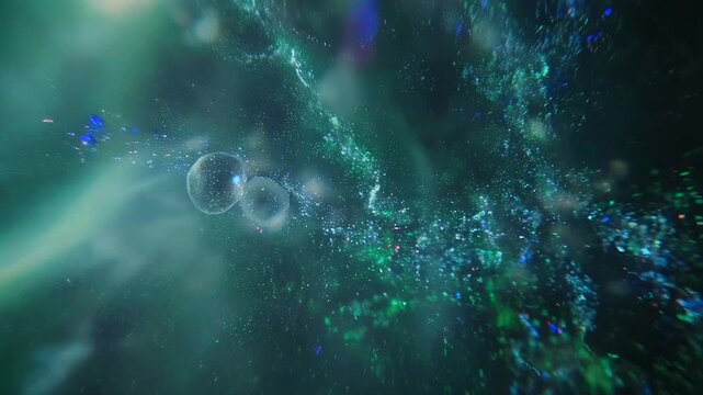 floating cellular spheres in green cosmic backdrop with nebula dust and faint particle currents, slow cinematic drift through microcosm evoking space and biology crossover