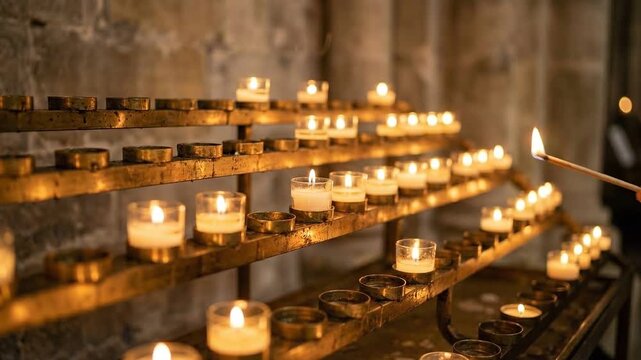 Hand Lighting Votive Candle in Church