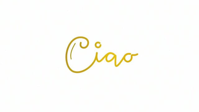 Ciao text word One line continuous animated typography intro outro animation video, hand drawn calligraphy monoline lettering vintage single line handwriting italian greeting golden type on white bg