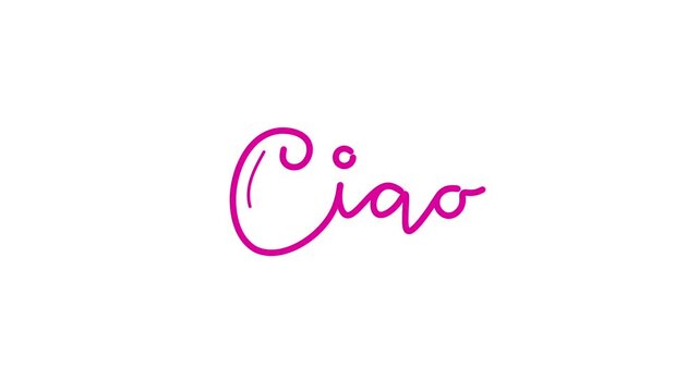 Ciao text word One line continuous animated typography intro outro animation video, hand drawn calligraphy monoline lettering vintage single line handwriting italian greeting pink type on white bg