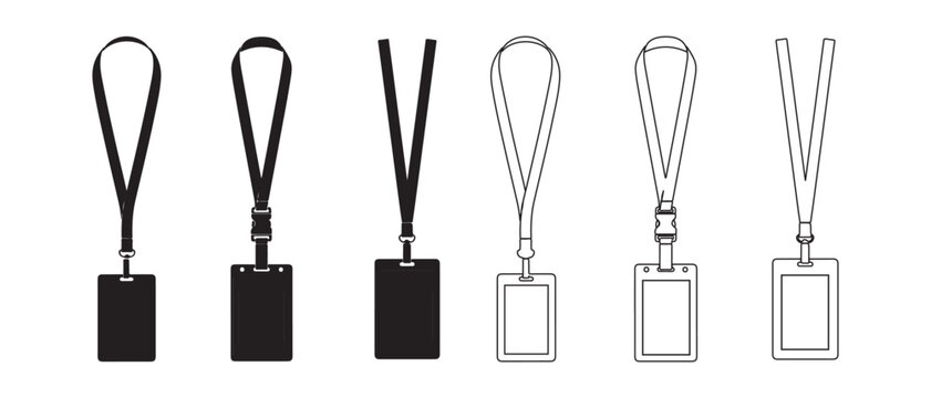 Set of blank ID badges with lanyards in various designs