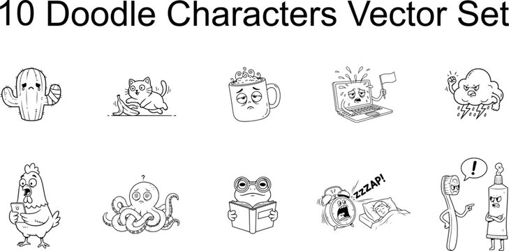 Funny doodle vector set with cute animals and objects in outline style. Minimal line art, playful expressions,