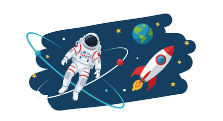 Astronaut Floating in Space Near Rocket and Earth, Cosmic Exploration © Safa_Sekar Madina'h