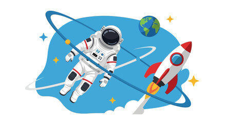 Astronaut Floating in Space Near Rocket and Earth, Outer Space Exploration © Safa_Sekar Madina'h
