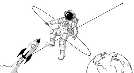 Astronaut floating in space with rocket and planet Earth © Safa_Sekar Madina'h