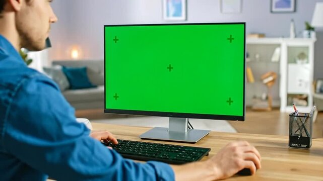 Man working on a computer with a green screen display in a modern office.
