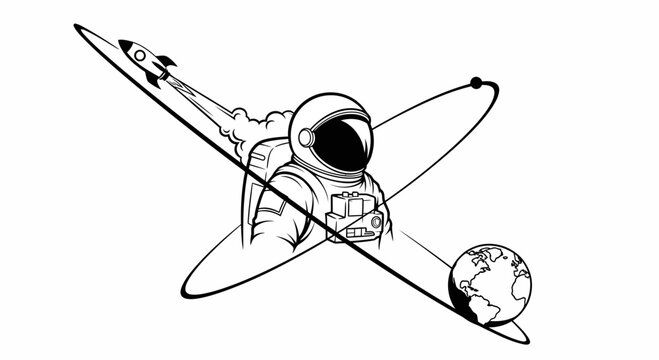 Astronaut in Space with Rocket and Earth Orbiting